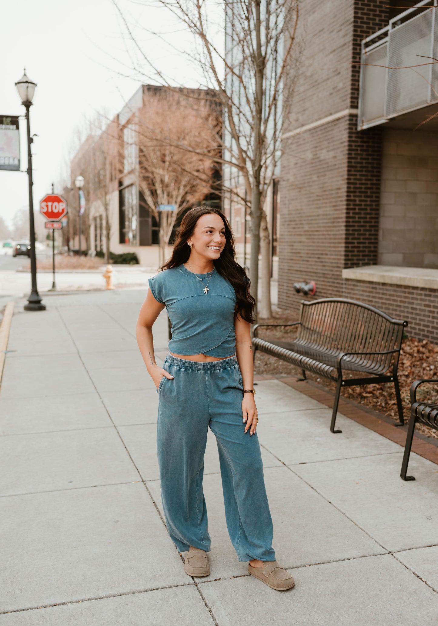 NAVY WRAP FRONT CROPPED TEE + JOGGER SET