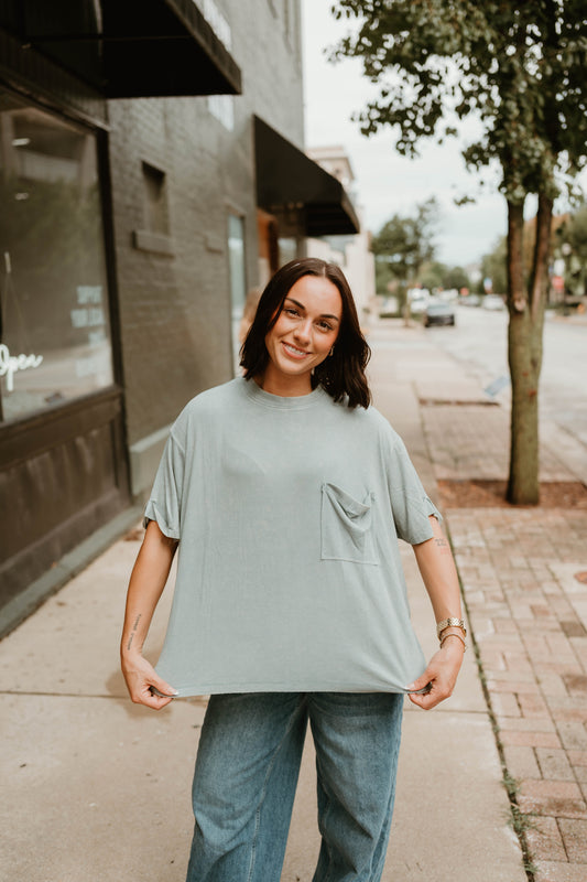 BLUE GRAY WASHED RIBBED POCKET TEE