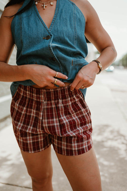 PLAID ELASTIC WAIST SHORTS