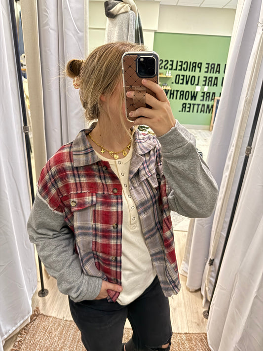 TERRY SLEEVE PLAID SHACKET