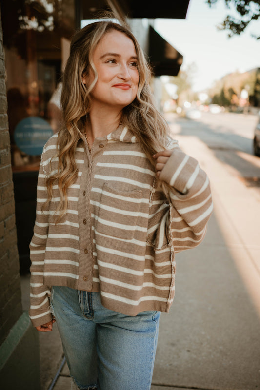 MOCHA STRIPED COLLARED SWEATER