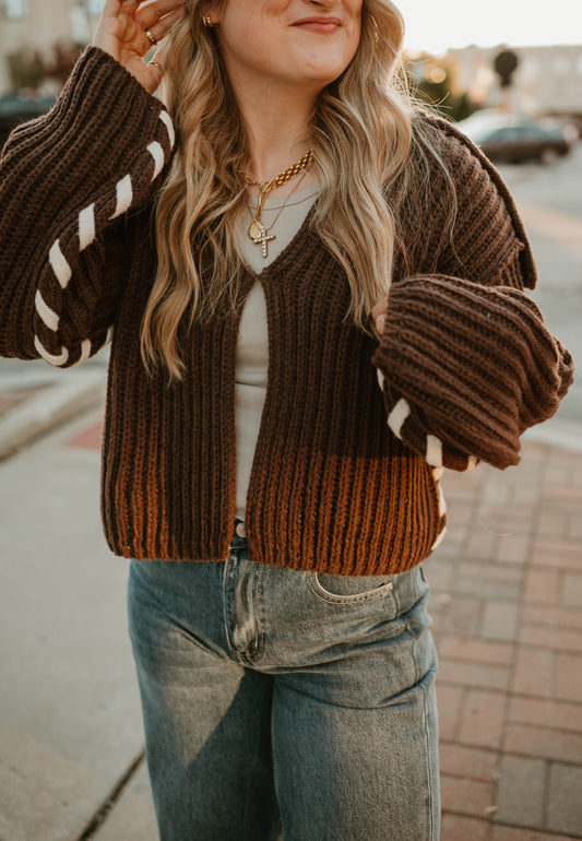 CHOCOLATE COLLARED OPEN STITCH SWEATER