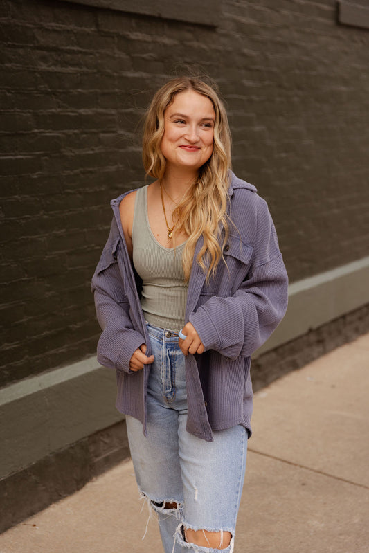 BLUE WAFFLE KNIT SHACKET