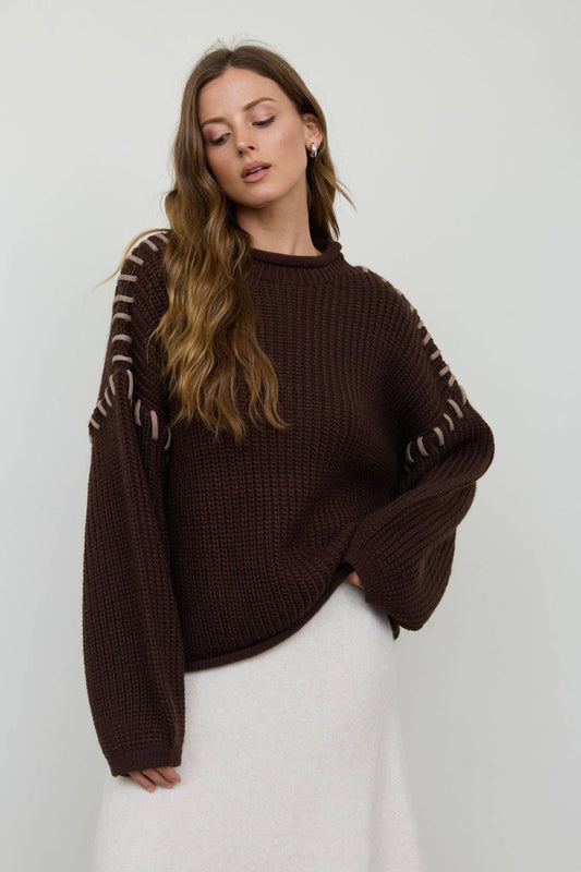 CONTRAST STITCH MOCK NECK SWEATER