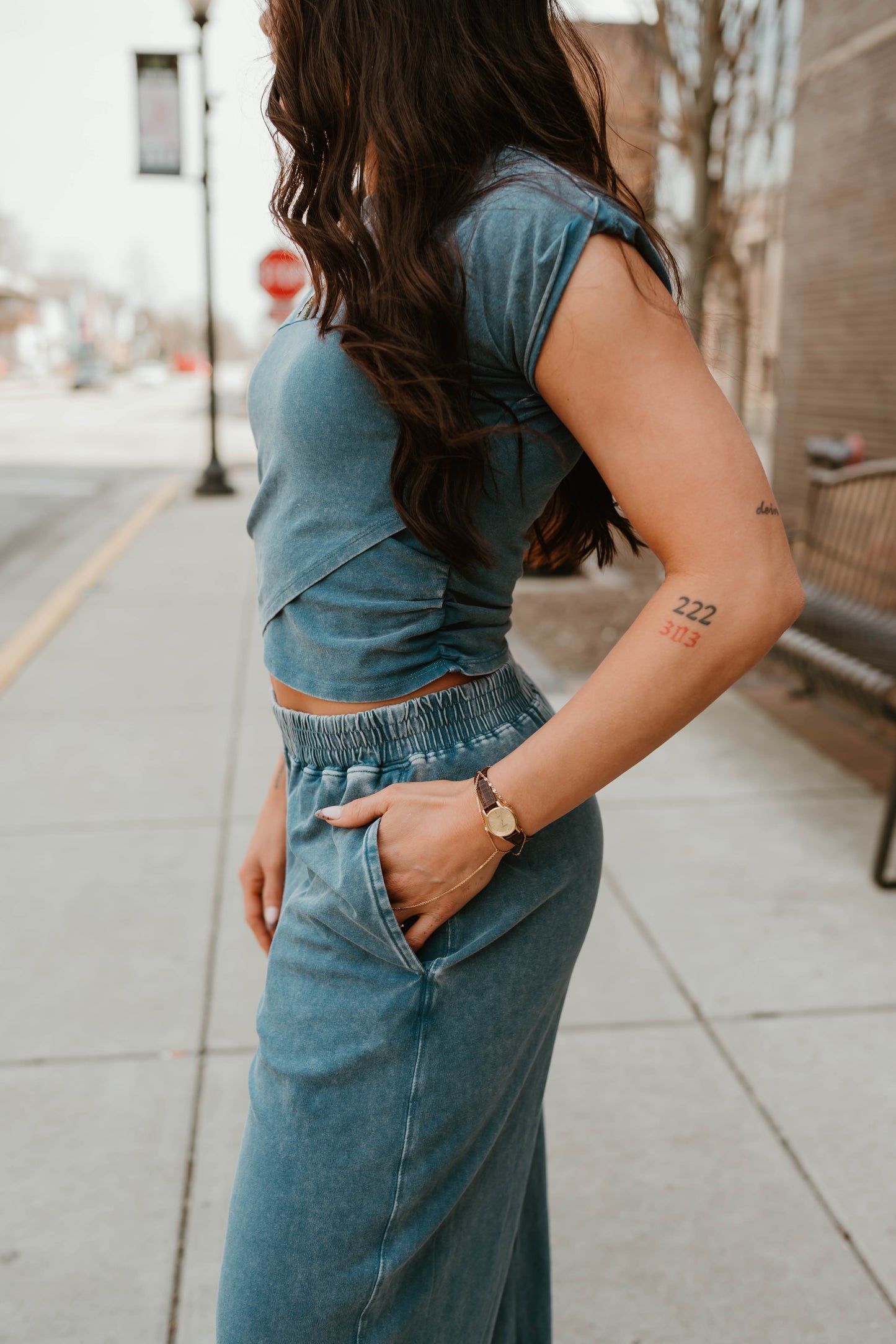 NAVY WRAP FRONT CROPPED TEE + JOGGER SET