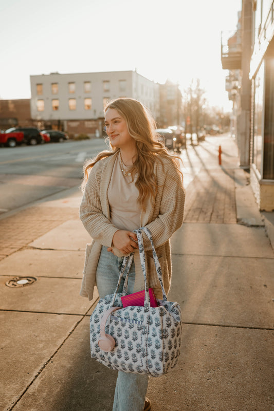 BLUE + IVORY MINI FLORAL DUFFLE