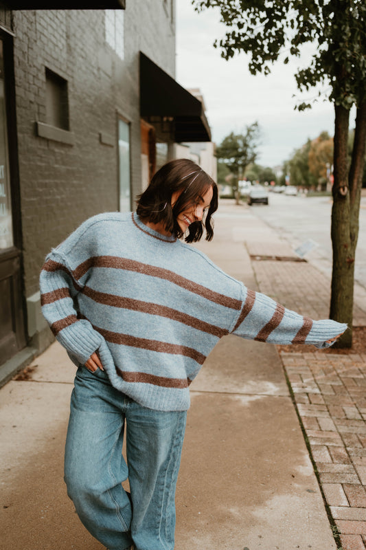 BLUE + MOCHA STRIPED OVERSIZED SWEATER