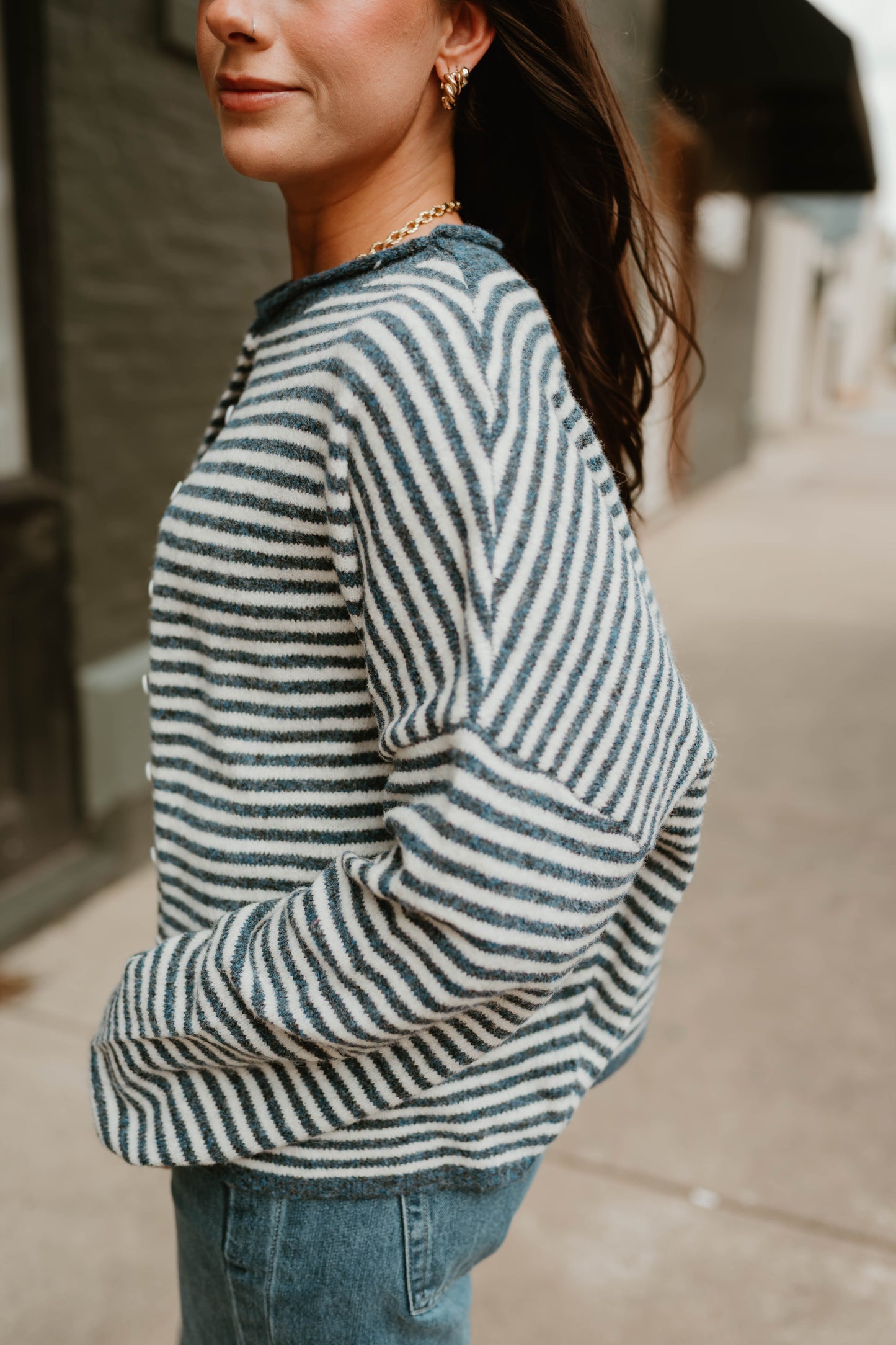 BLUE MINI STRIPED BUTTON CARDIGAN