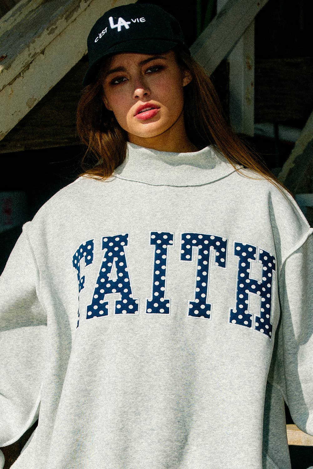 FAITH EMBROIDERED MOCK NECK PULLOVER