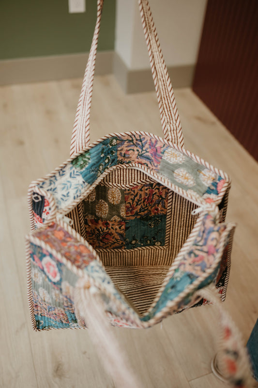 NAVY + PURPLE QUILTED PATCHWORK TOTE