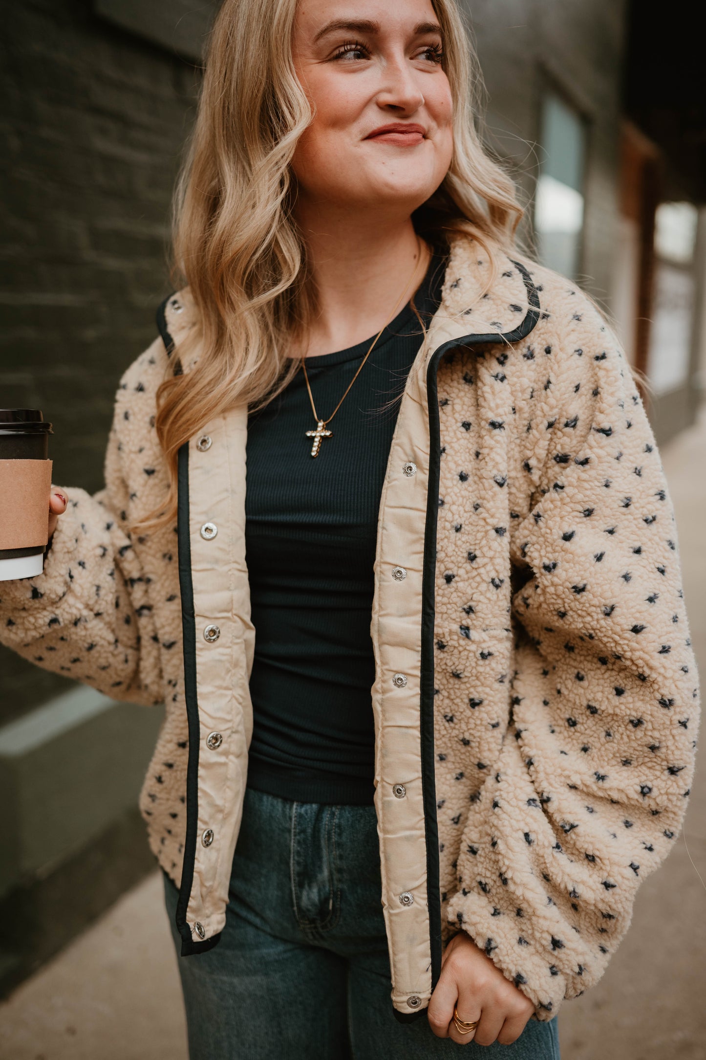 NAVY + TAN SNAP BUTTON SHERPA JACKET