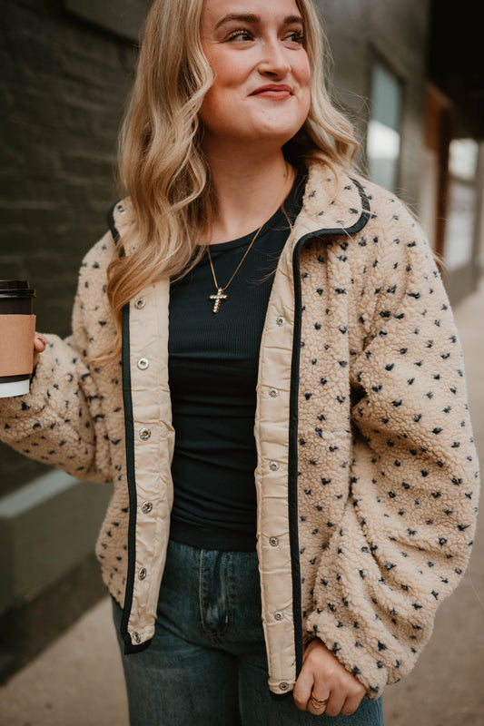 NAVY + TAN SNAP BUTTON SHERPA JACKET
