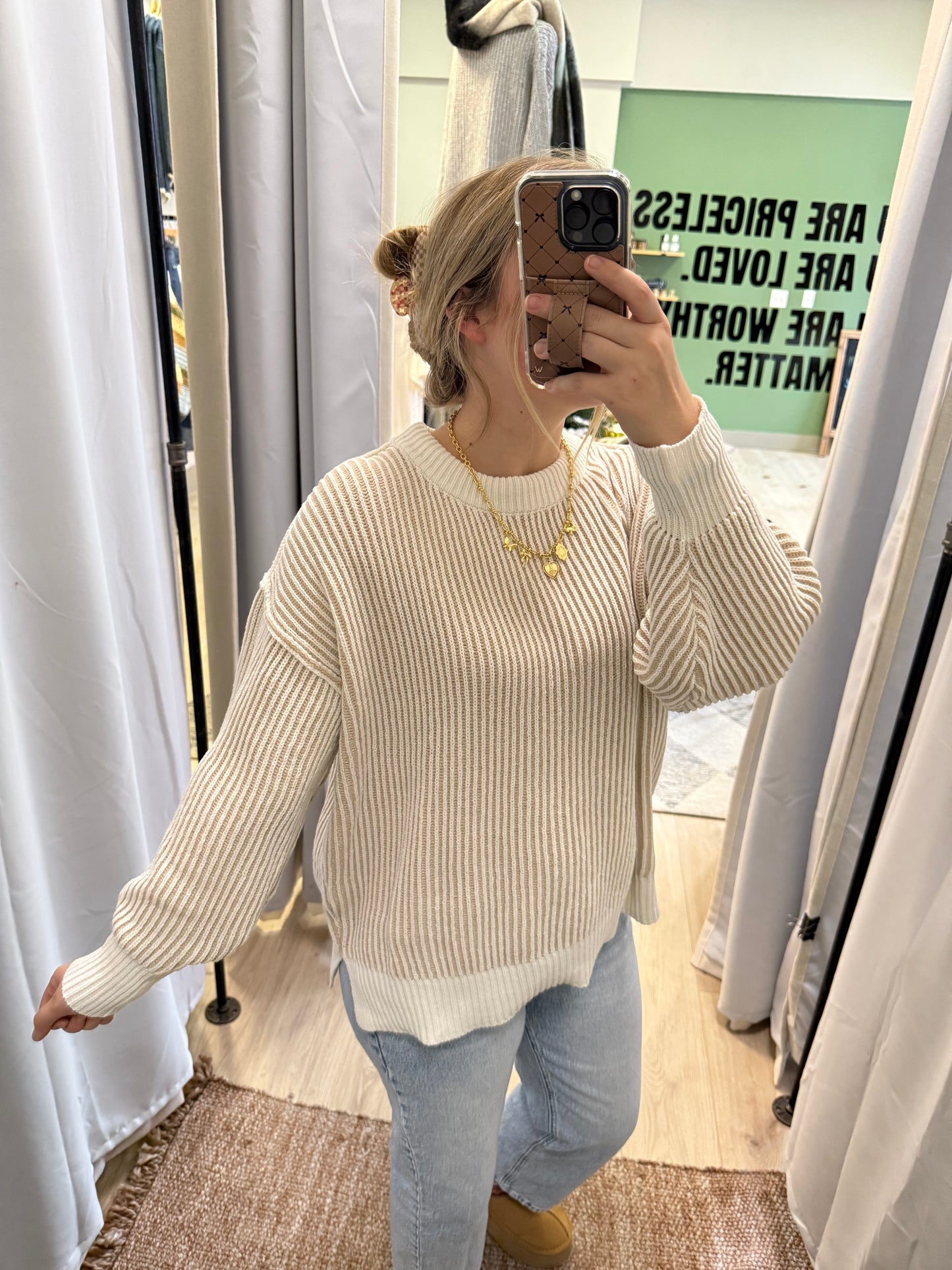 BEIGE TWO TONED SWEATER