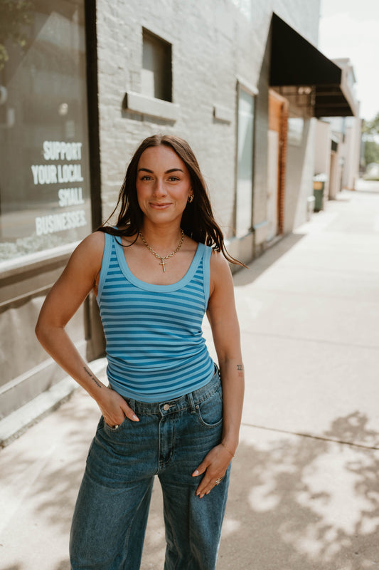 BLUE STRIPED RIBBED KNIT TANK