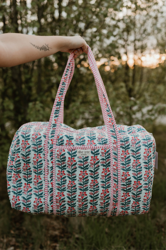 PINK + BLUE FLORAL DUFFLE BAG
