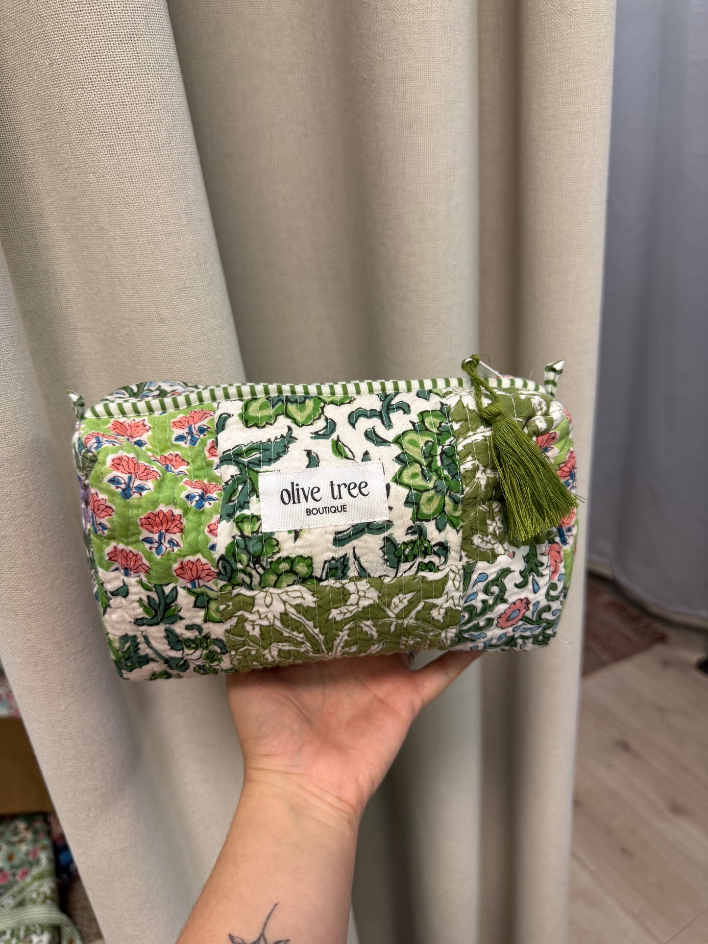 SAGE QUILTED PATCHWORK MAKEUP POUCH