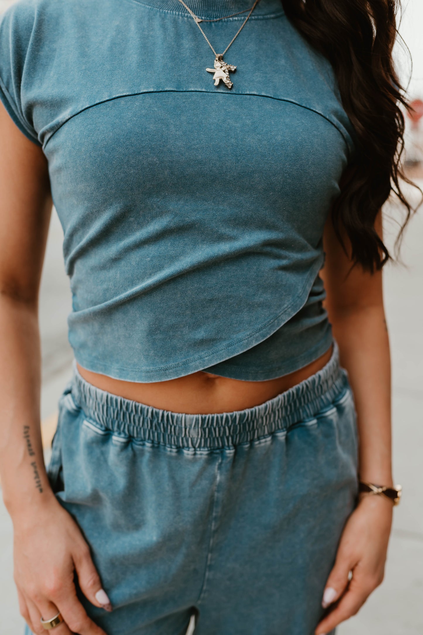 NAVY WRAP FRONT CROPPED TEE + JOGGER SET