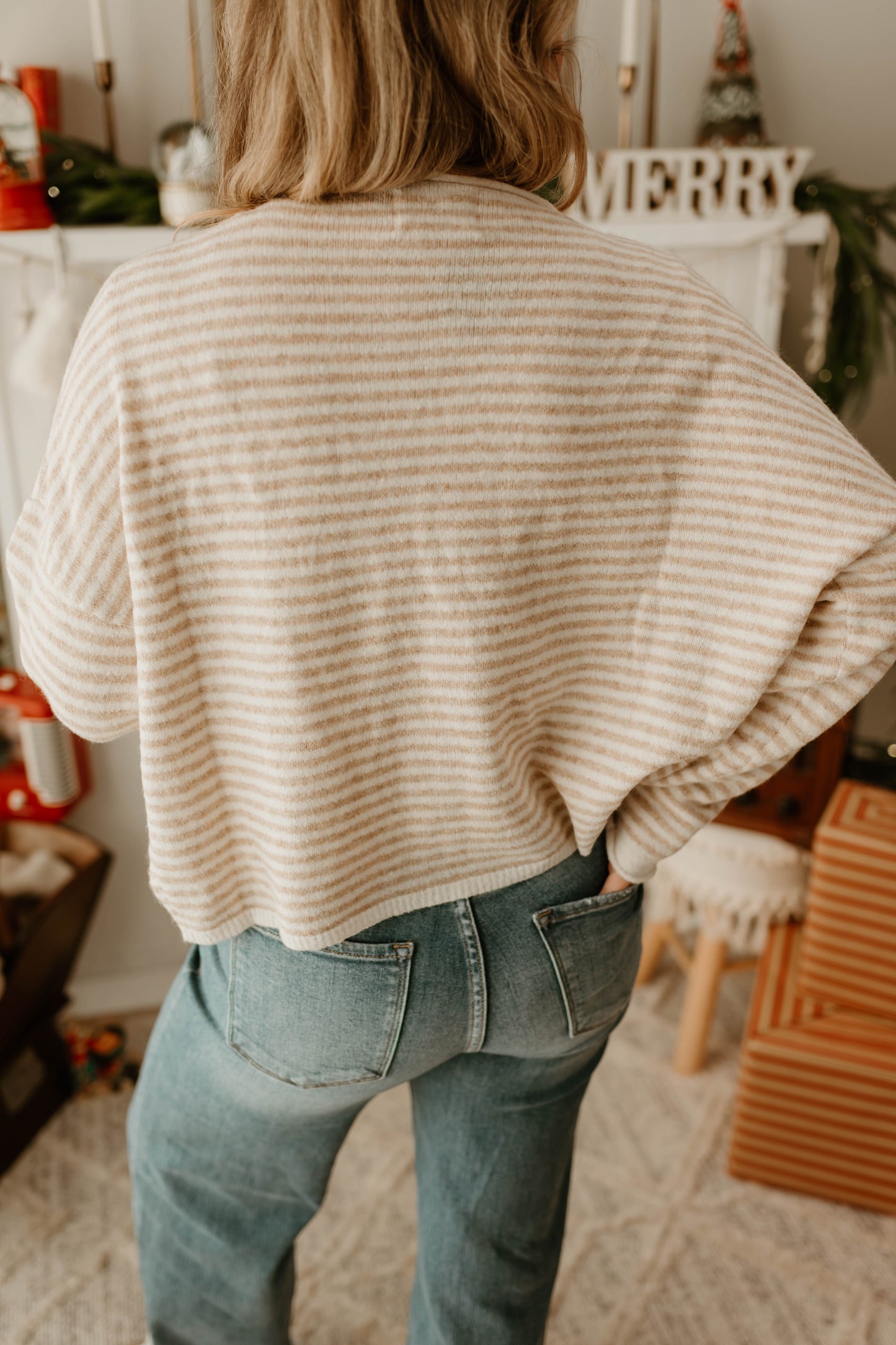 STRIPE RAW EDGE DROP SHOULDER KNIT CARDIGAN