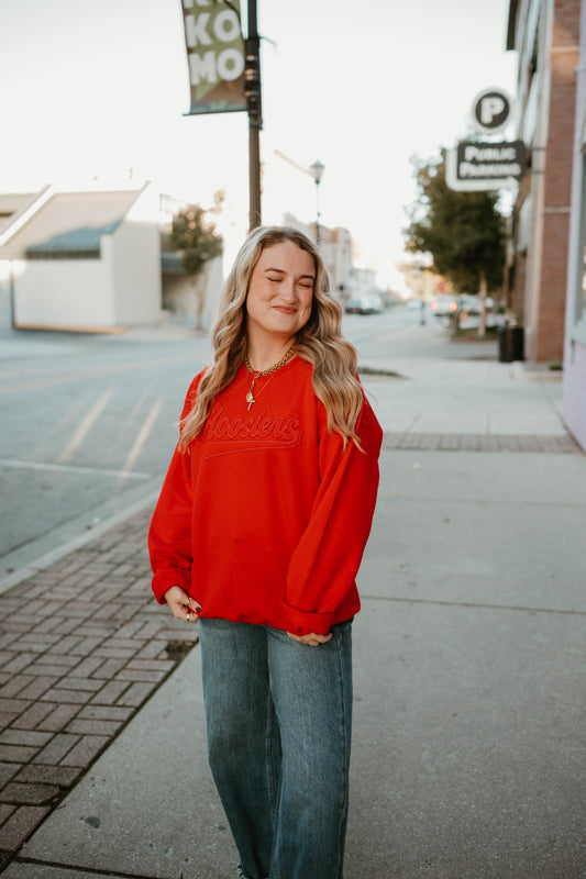 RED HOOSIERS FELT PATCH CREWNECK