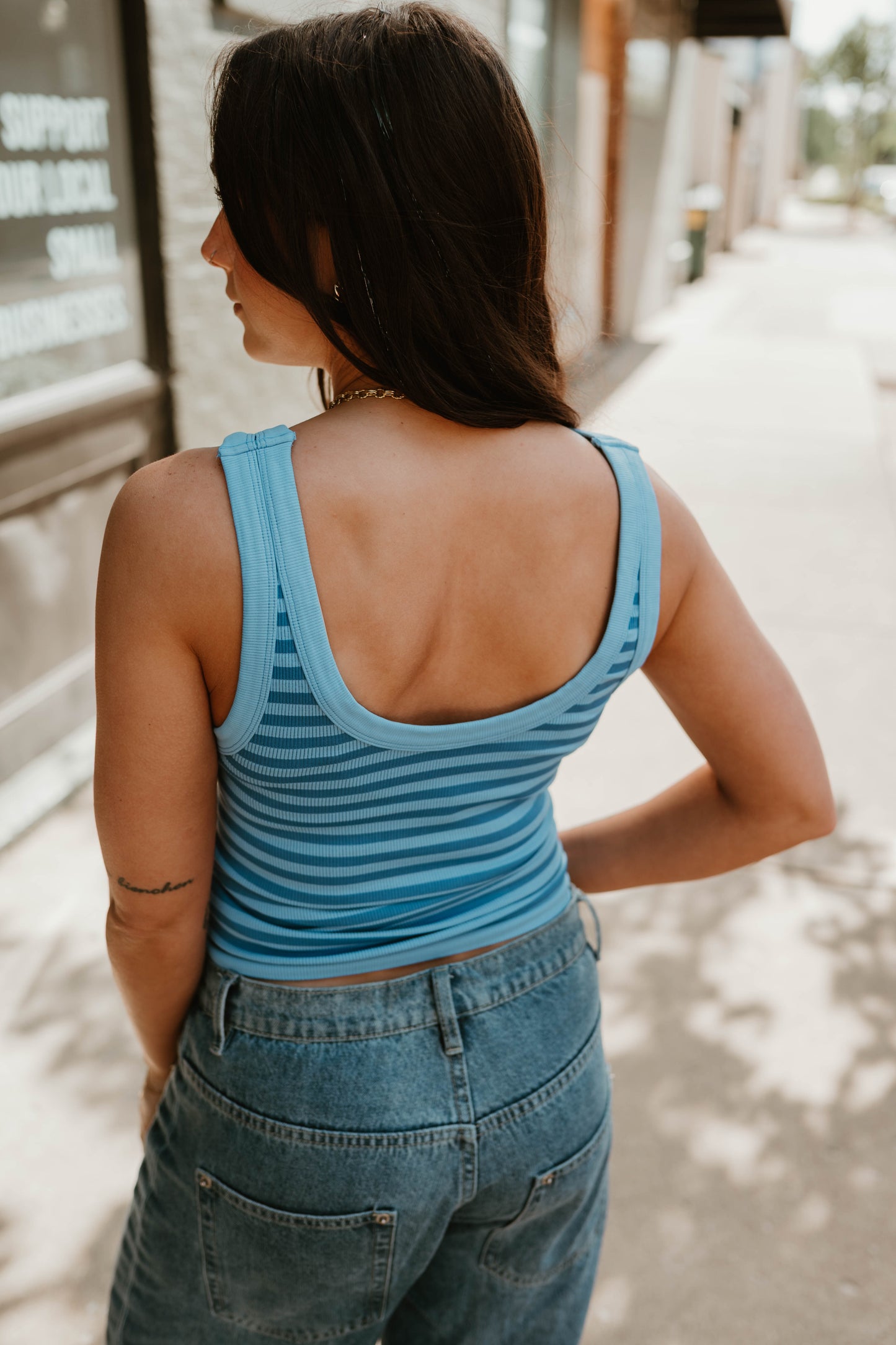 BLUE STRIPED RIBBED KNIT TANK