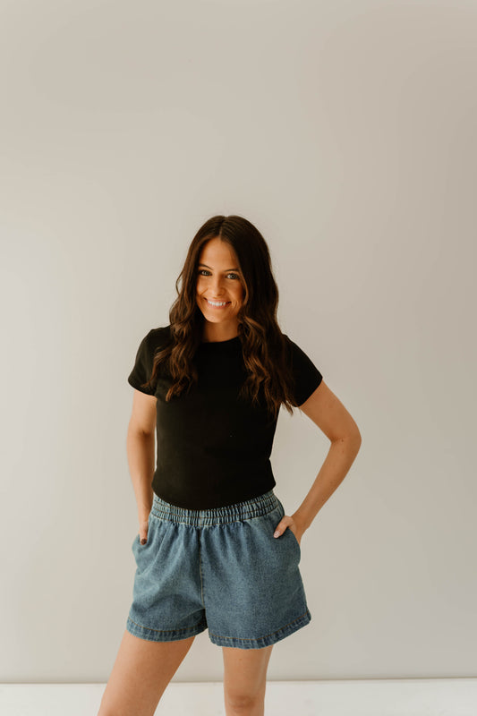 ELASTIC WAIST RELAXED DENIM SHORTS