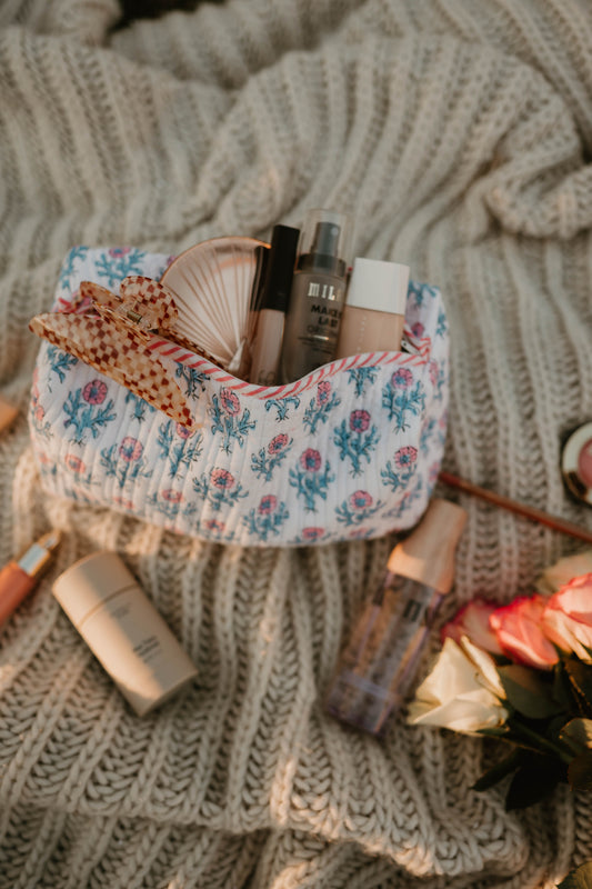 PINK + BLUE FLORAL MAKEUP BAG