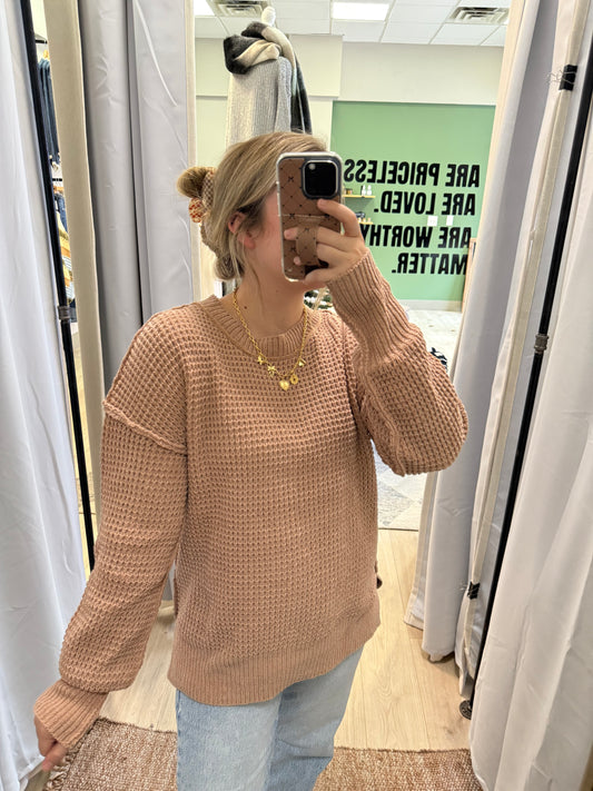 TAUPE WAFFLE KNIT SWEATER