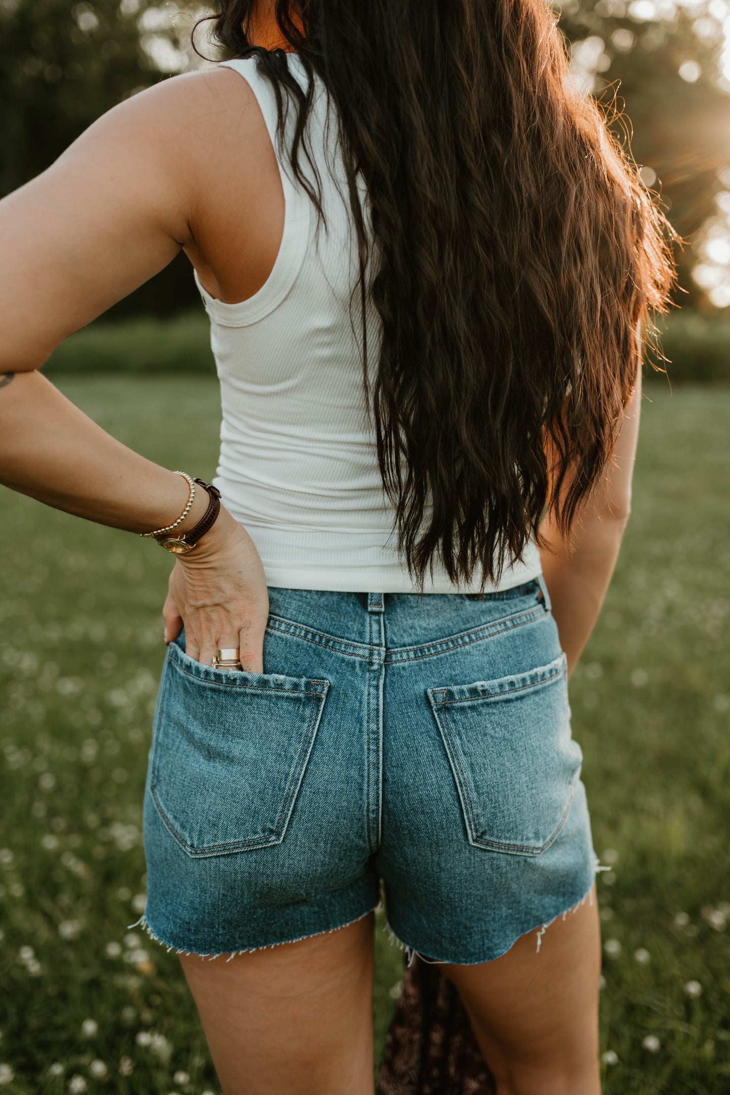 HIGH RISE MEDIUM DARK WASH DENIM SHORTS