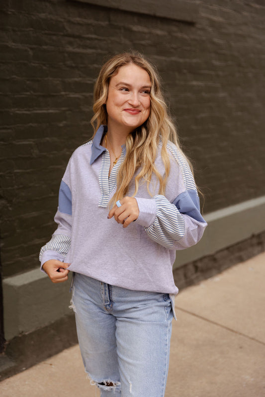 COLOR BLOCK COLLARED PULLOVER