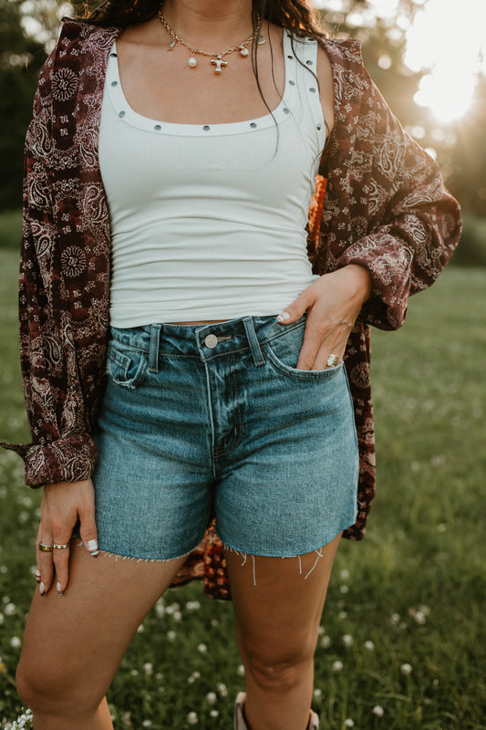 HIGH RISE MEDIUM DARK WASH DENIM SHORTS