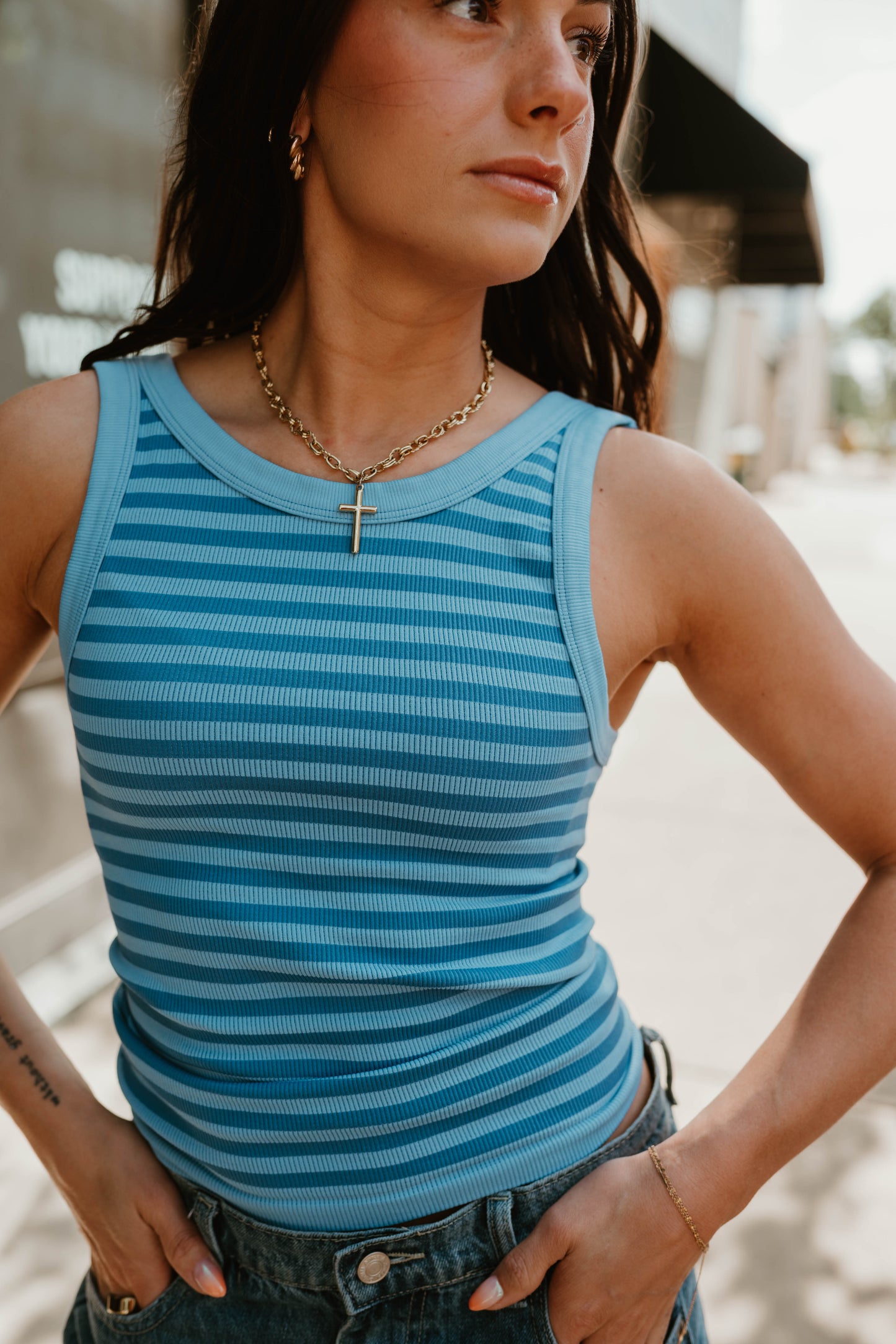 BLUE STRIPED RIBBED KNIT TANK