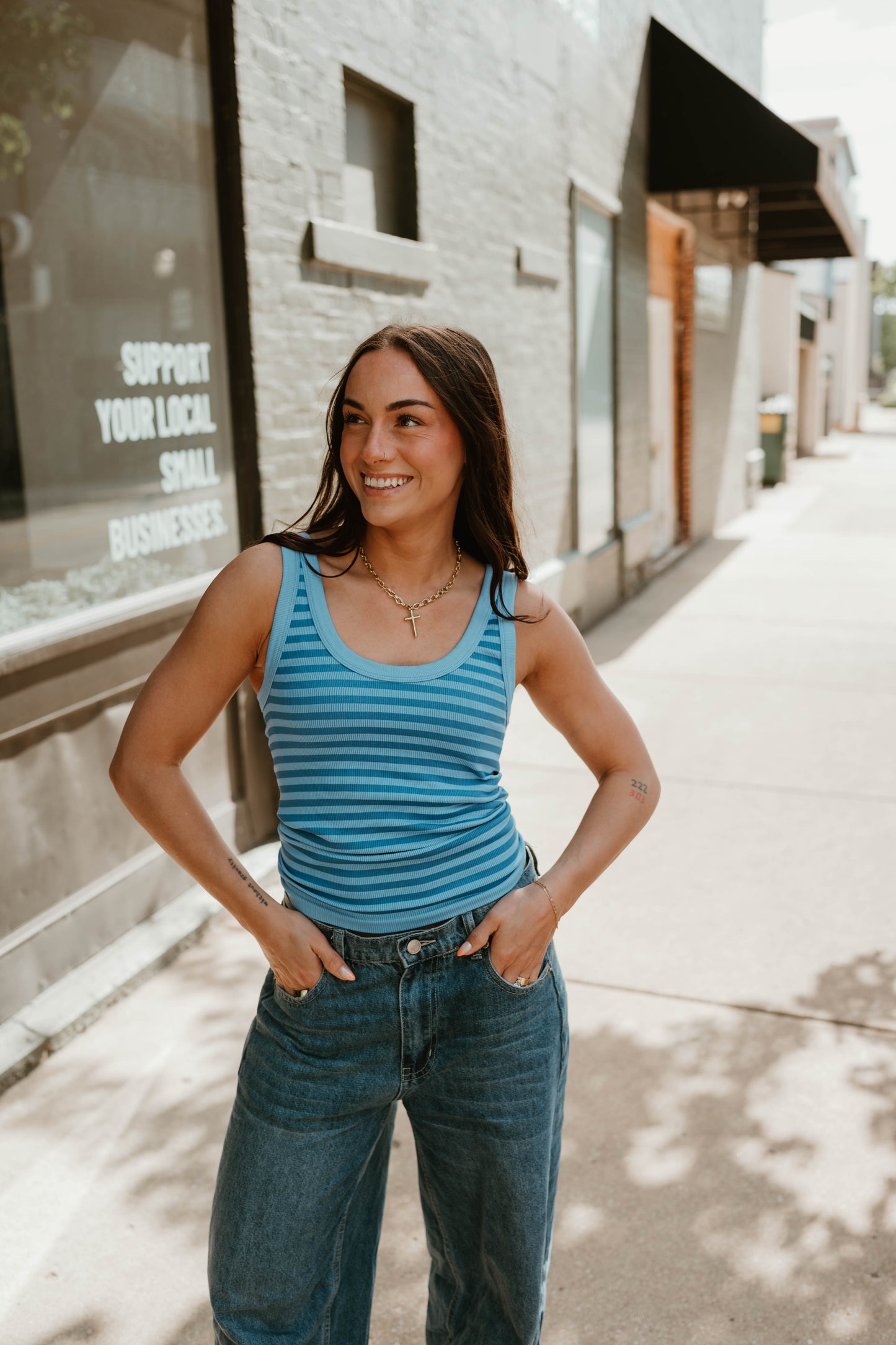 BLUE STRIPED RIBBED KNIT TANK