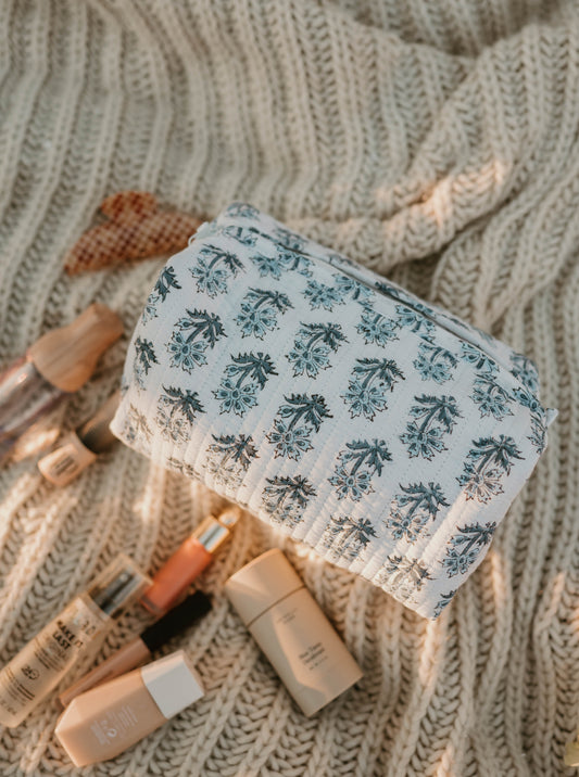 BLUE + IVORY FLORAL MAKEUP BAG