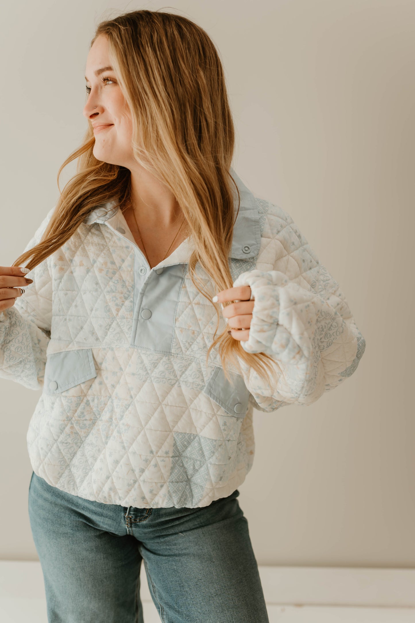 QUILTED BLUE HALF BUTTON PULLOVER
