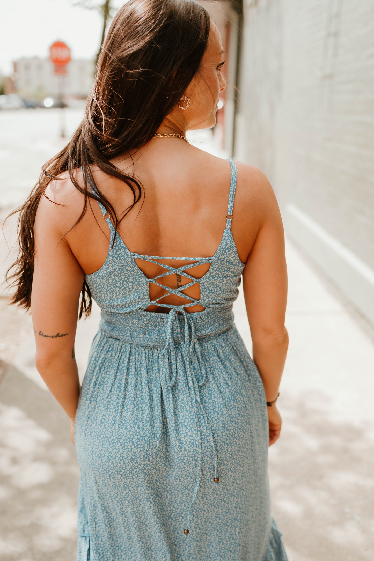 DUSTY BLUE V NECK SLIT MAXI DRESS
