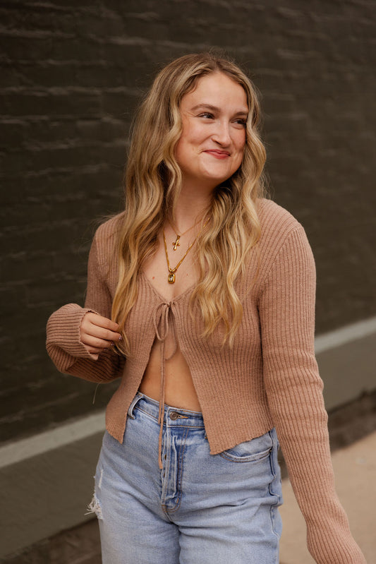 TAN TIE FRONT SWEATER