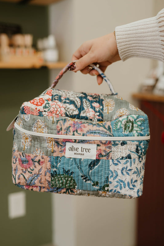 NAVY + PURPLE QUILTED PATCHWORK MAKEUP BAG