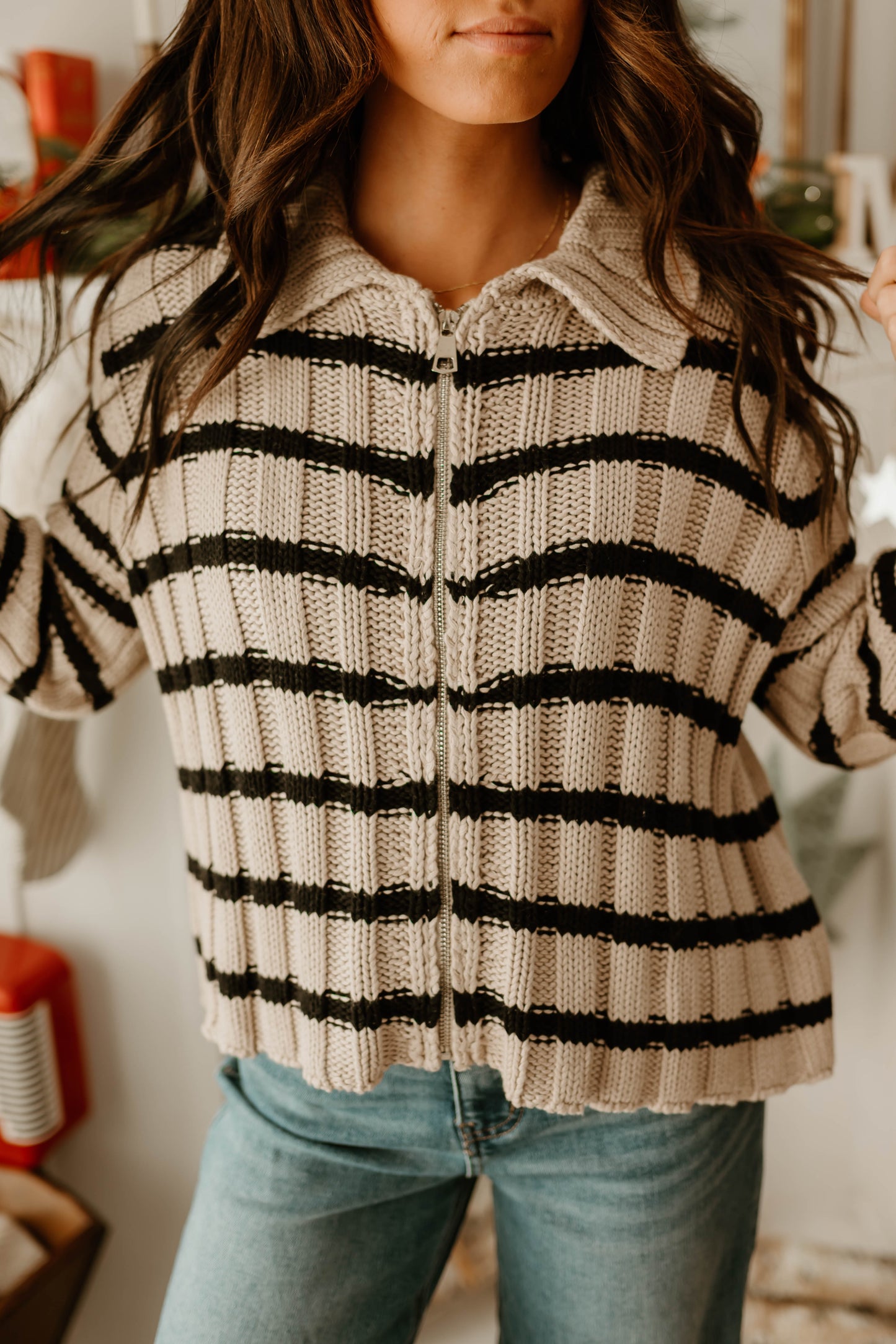 TAN + BLACK STRIPED KNIT ZIP UP