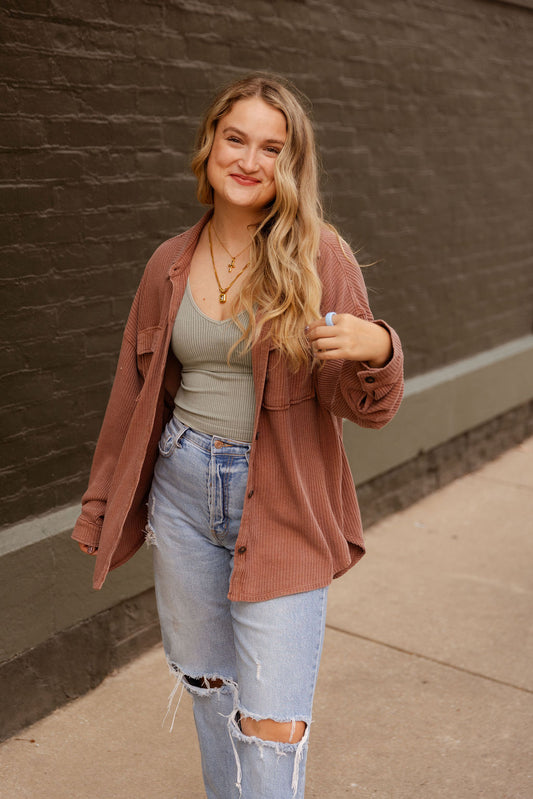 CHESTNUT WAFFLE KNIT SHACKET