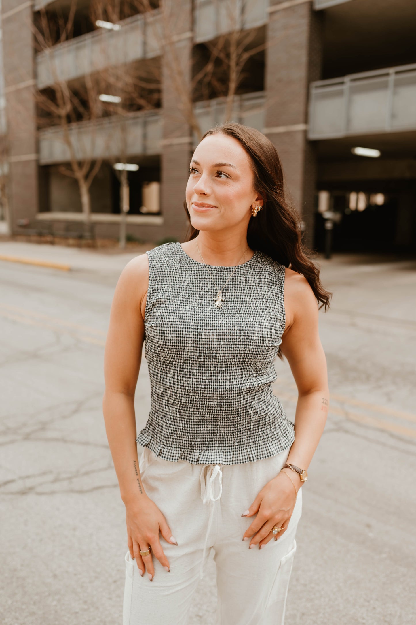 NAVY + CREAM GINGHAM SMOCKED TOP