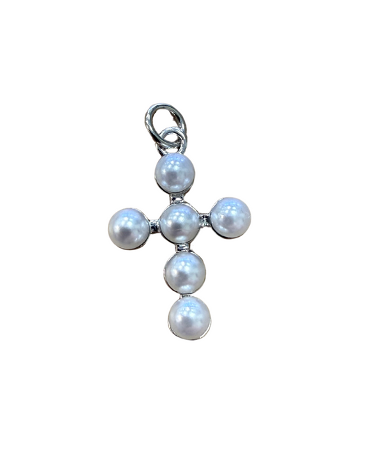 SILVER PEARL CROSS CHARM