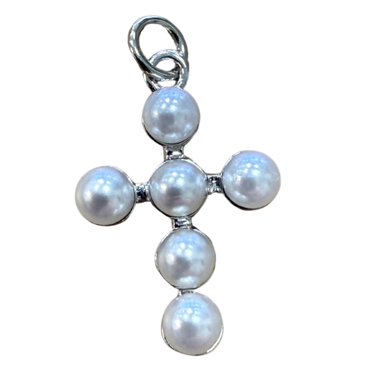 SILVER PEARL CROSS CHARM