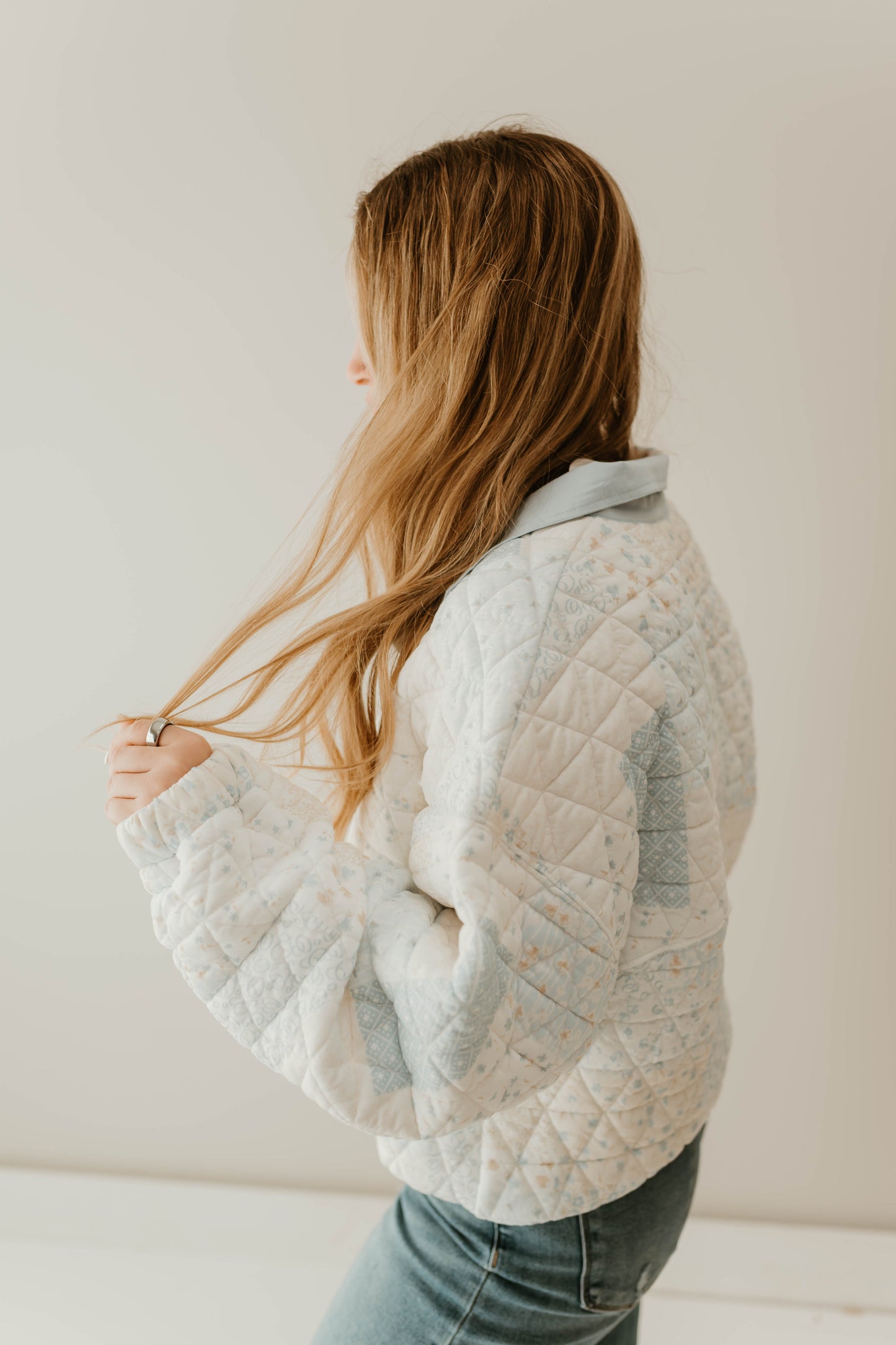 QUILTED BLUE HALF BUTTON PULLOVER