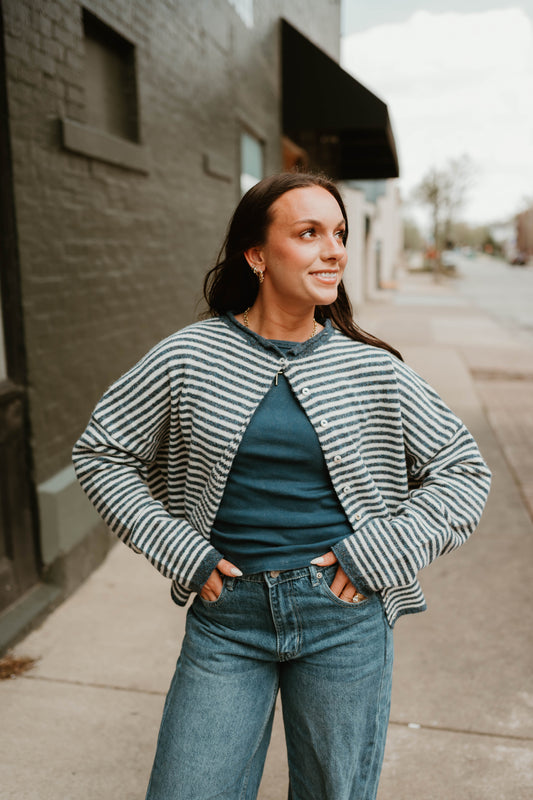 BLUE MINI STRIPED BUTTON CARDIGAN