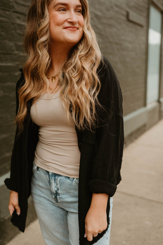 BLACK GAUZE BUTTON DOWN TOP