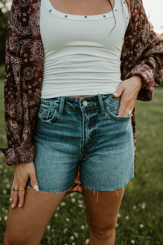 HIGH RISE MEDIUM DARK WASH DENIM SHORTS