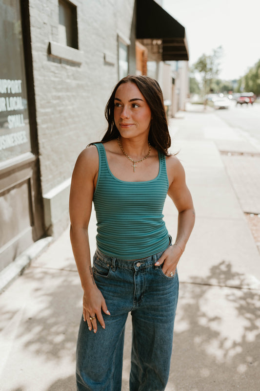 TEAL STRIPED RIBBED CROP TANK