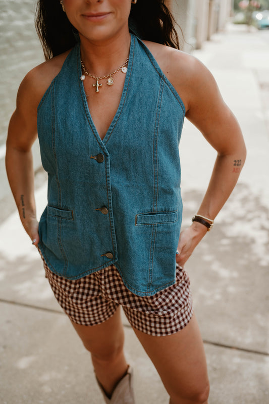 DENIM TIE BACK HALTER TOP