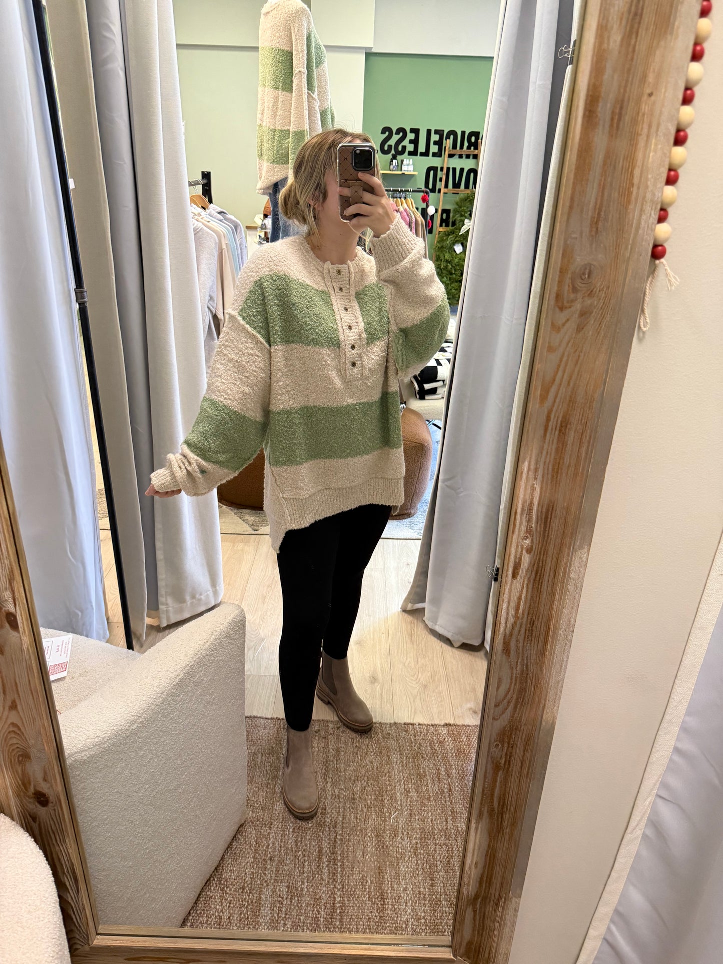 OLIVE + IVORY KNIT STRIPED SWEATER