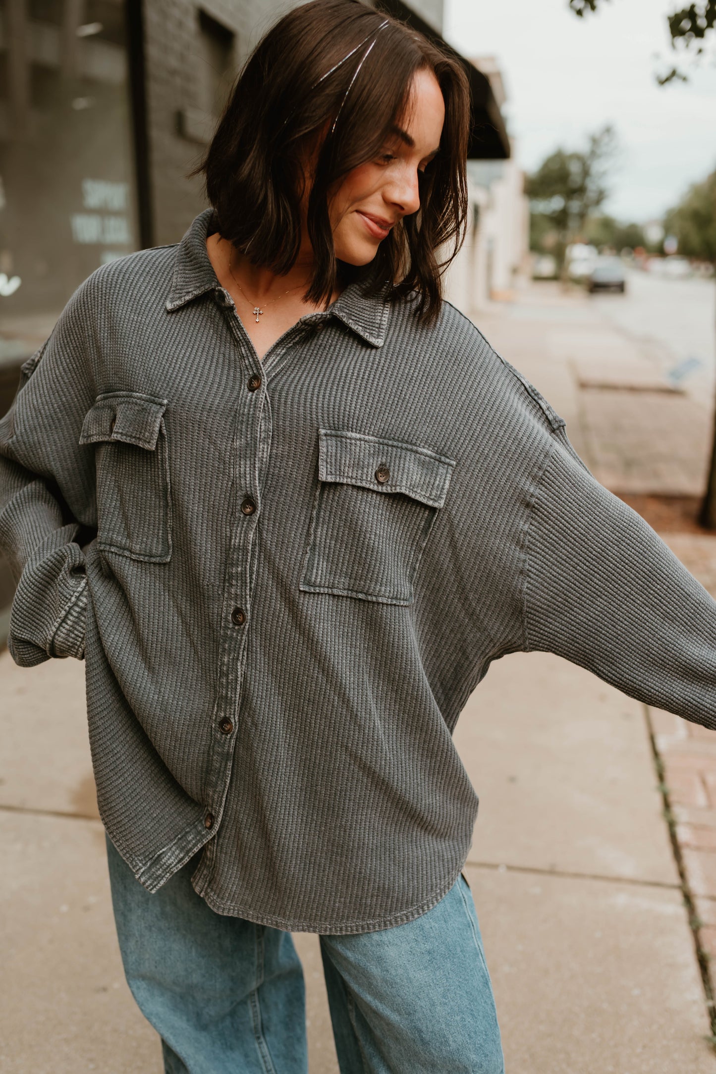 GRAY MINERAL WASH WAFFLE SHACKET